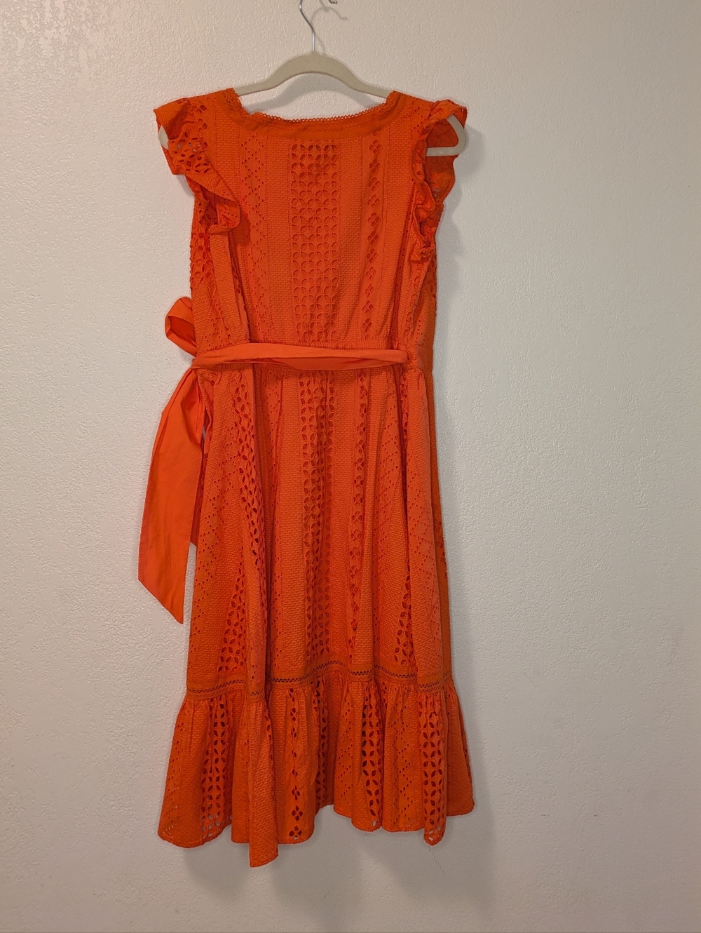 J. Crew Orange Eyelet Wrap Midi Dress with Waist Tie - Picture 7 of 12